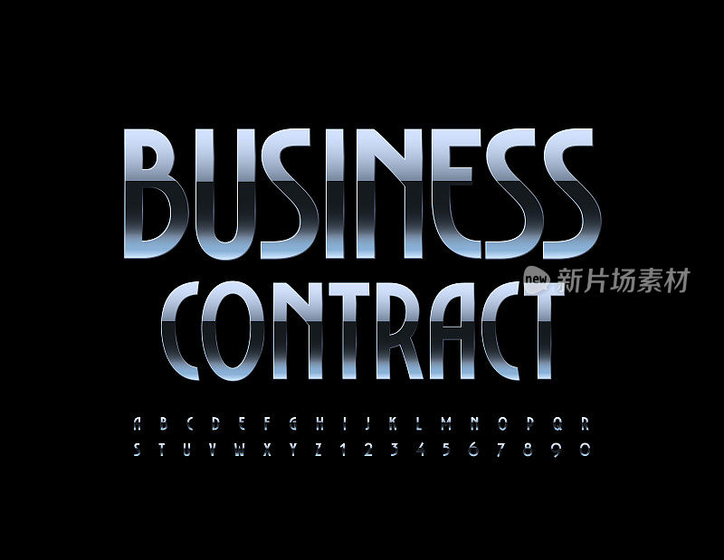 Vector metallic logo Business Contract. Steel Alphabet Letters and Numbers set